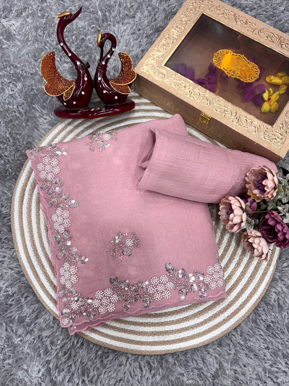 Women's Soft Pink Organza Saree with Delicate Pearl & Sequin Floral Embroidery – Lightweight Sheer Drape for Festive, Wedding & Party Wear - Image 8
